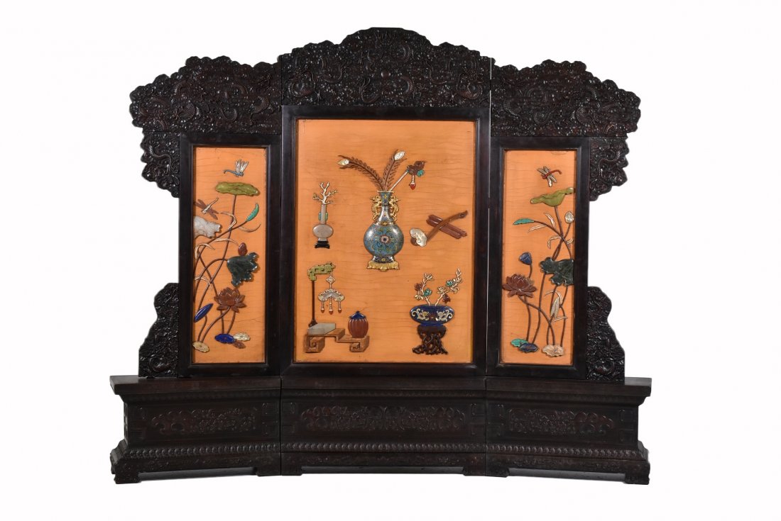 MASSIVE CLOISONNE & STONE INLAID 3 PANELS TABLE SCREEN (1 of 9)