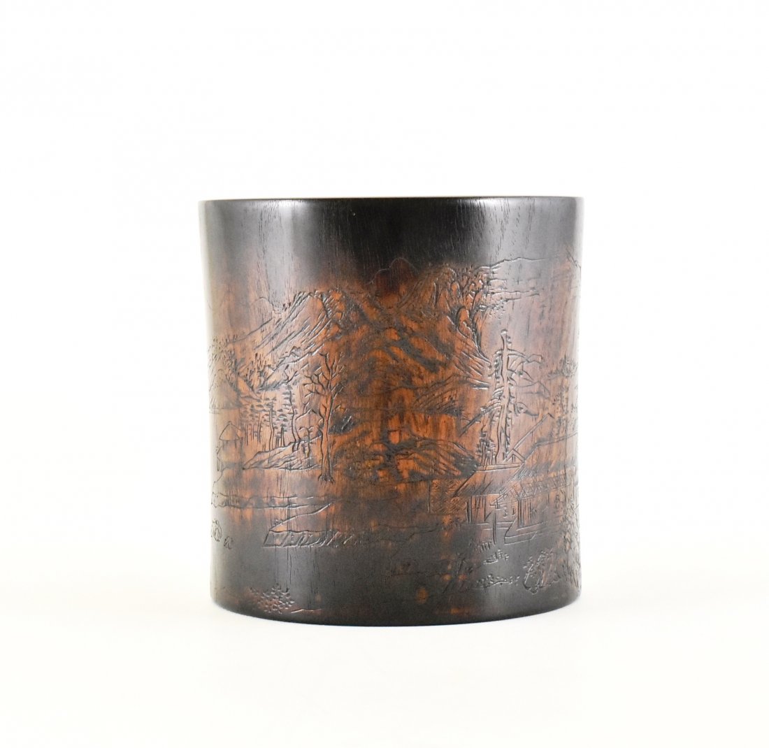 CARVED ZITAN BRUSH POT WITH LANDSCAPE RELIEF (1 of 10)