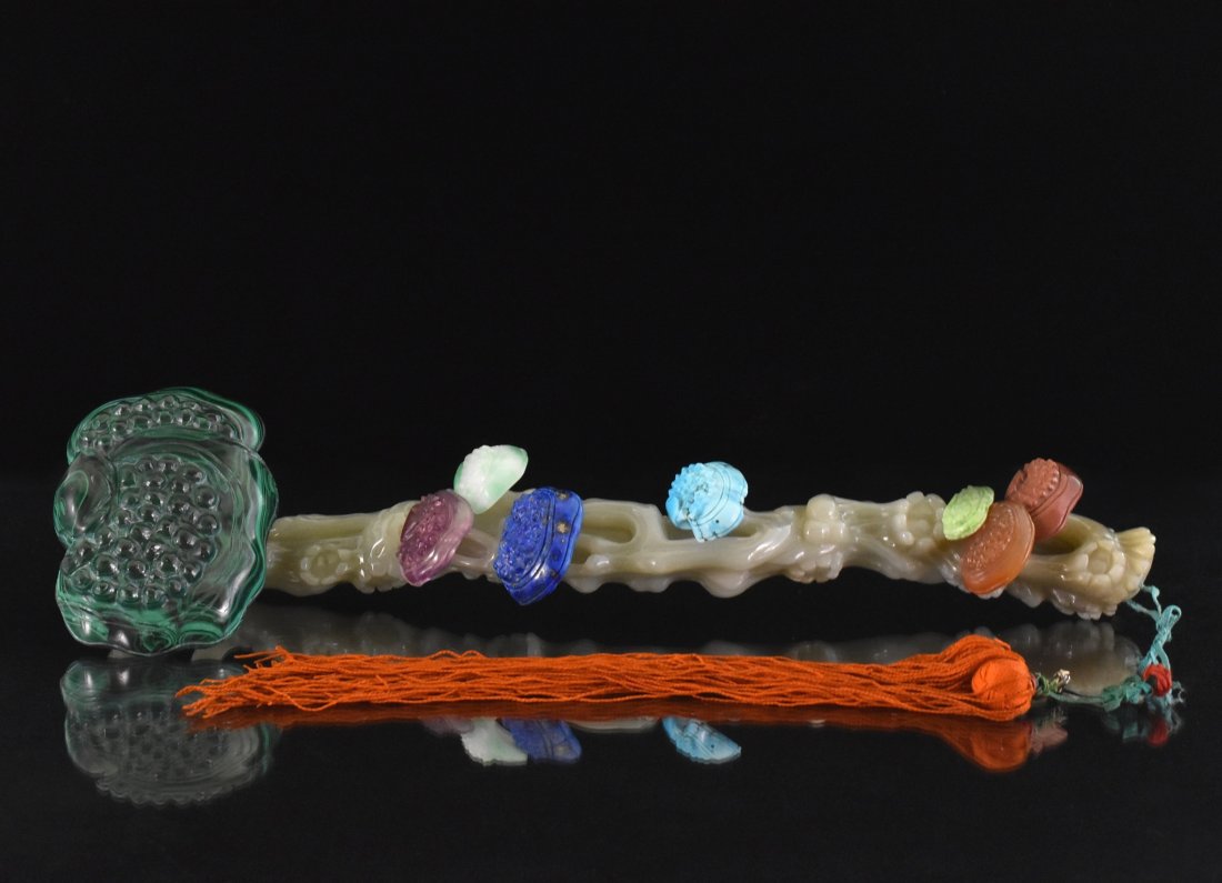 SEMI PRECIOUS STONE MOUNTED JADE RUYI SCEPTER (1 of 10)