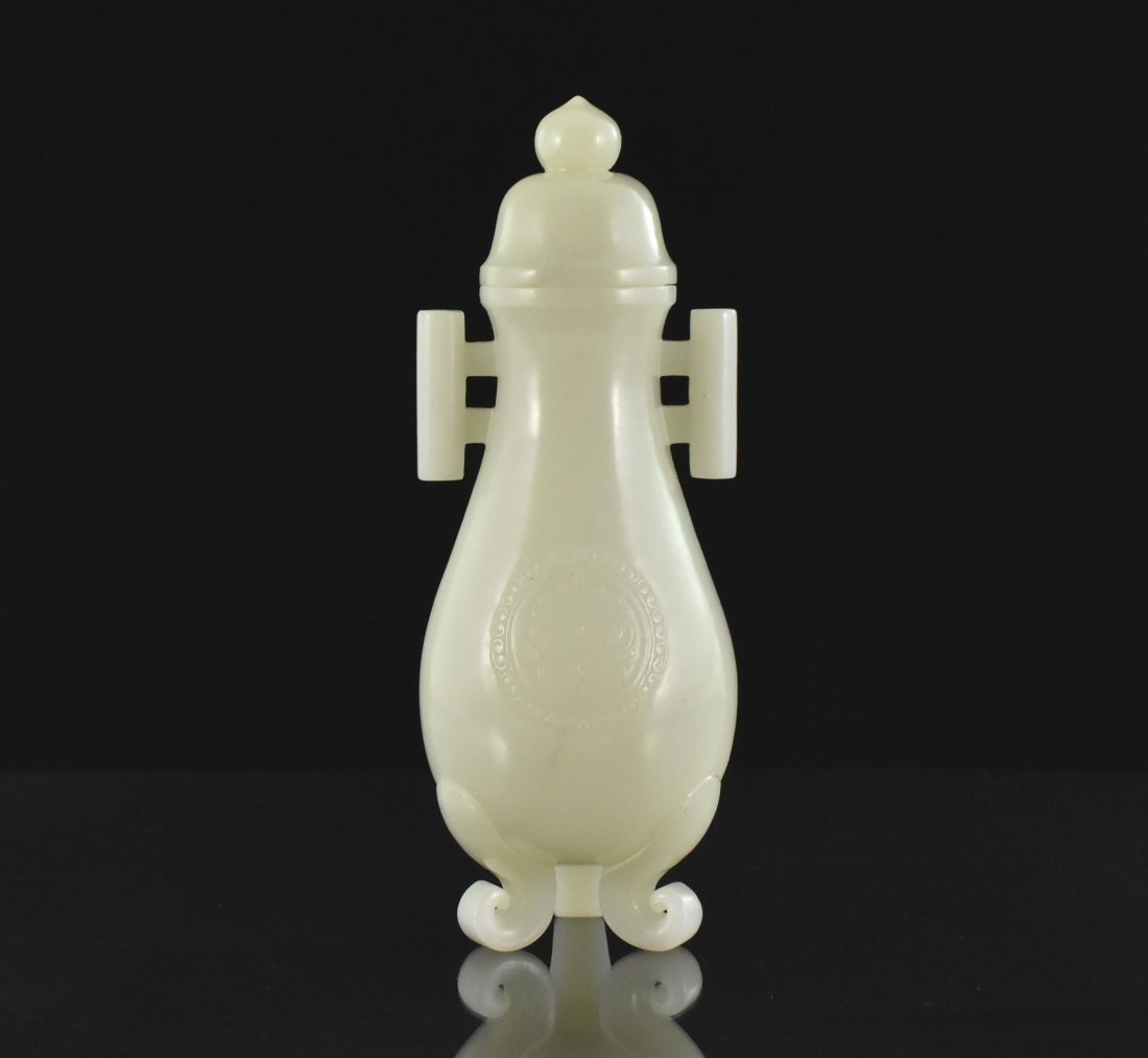 CARVED WHITE JADE OF COVERED URN WITH SHOU MEDALLION (1 of 10)