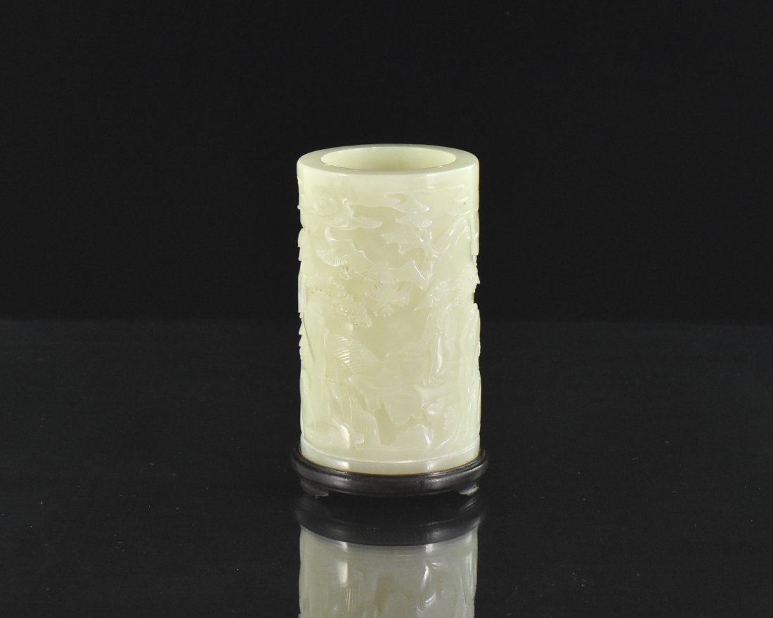 CARVED CHINESE JADE BRUSH POT ON STAND (1 of 10)