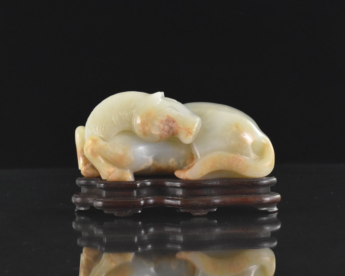 A FINE CARVED  JADE RECUMBENT HORSE W/ STAND (1 of 10)