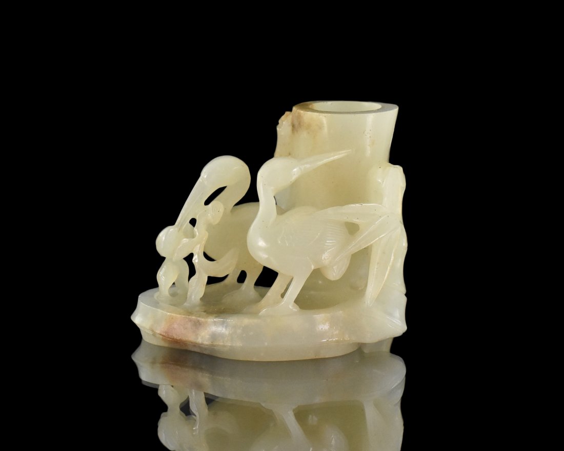 FINE CARVED CELADON JADE OF BAMBOO AND CRANES (1 of 8)