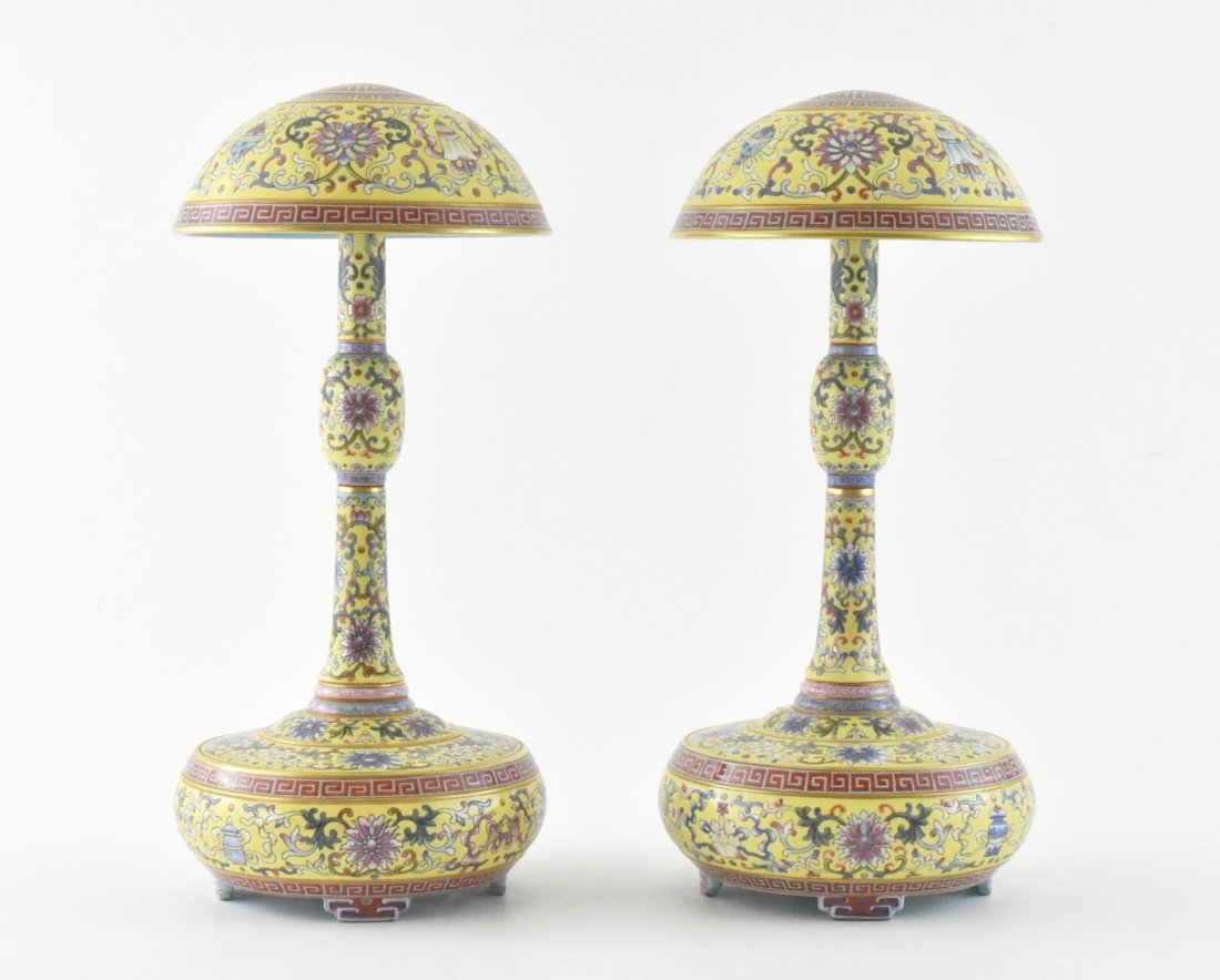 PAIR OF FAMILLE JAUNE CHINESE PORCELAIN HAT STANDS (1 of 10)
