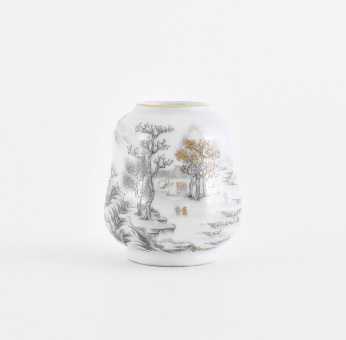 LANDSCAPE PAINTING DECORATED BRUSH WASHER: Of ovoid form body, gracefully waisted on the mid-section, rounded shoulder leading to short neck, raised on footed base. The exterior hand painted in polychrome with portrayal of a life scene within 