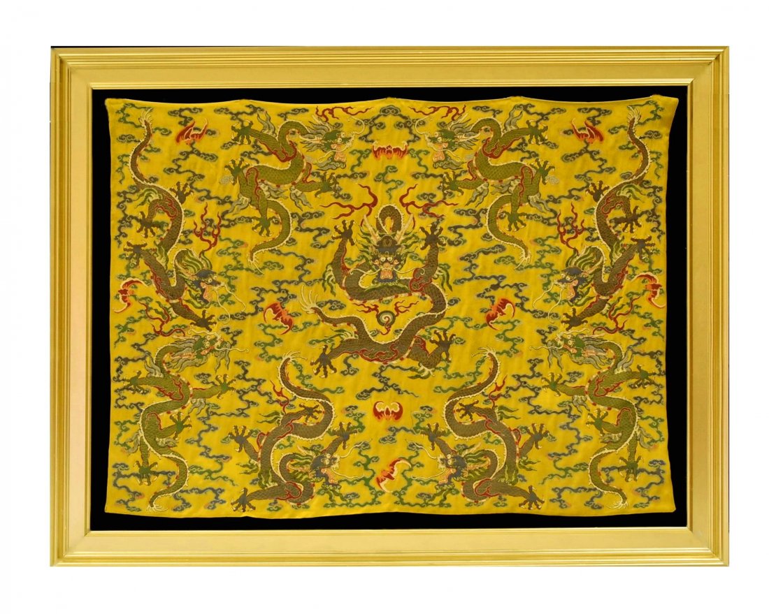 19TH C. CHINESE EMBROIDERY 9 DRAGONS SILK PANEL (1 of 8)