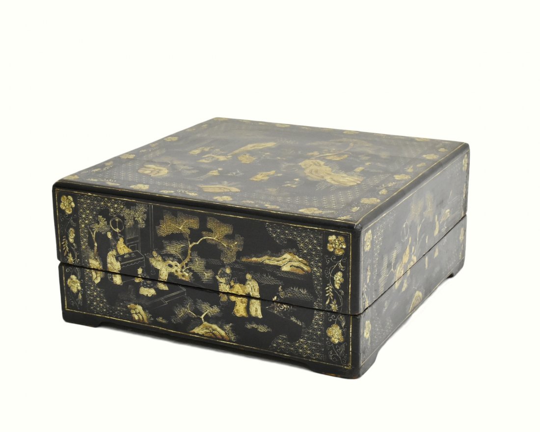 ANTIQUE 19TH C. CHINESE EBONY LACQUER WOODEN BOX (1 of 8)