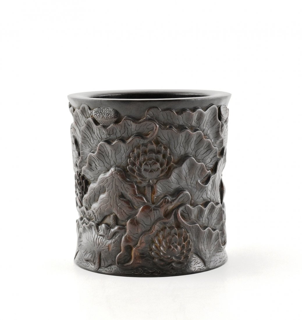LARGE CARVED ZITAN BRUSH POT WITH LOTUS MOTIF (1 of 8)