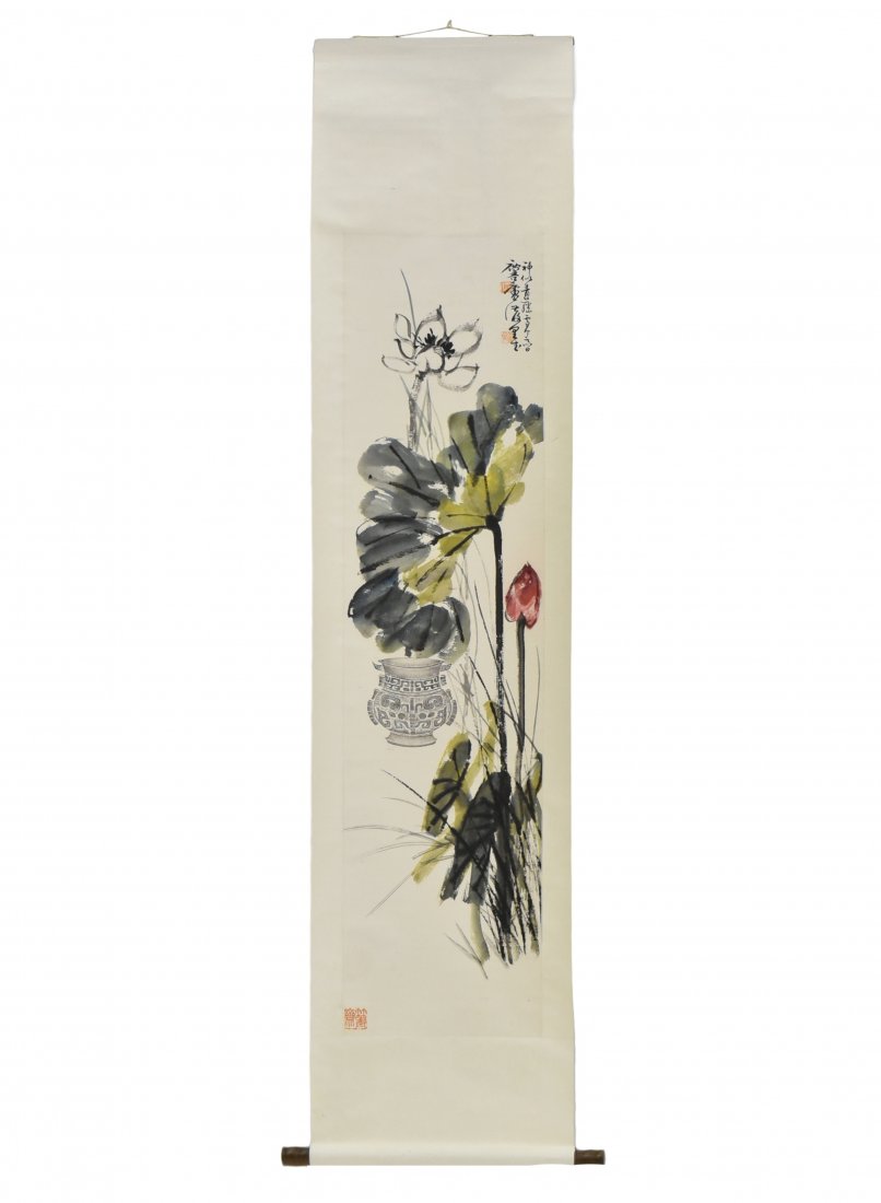 CHINESE PAINTING SCROLL OF LOTUS & VASE (1 of 9)