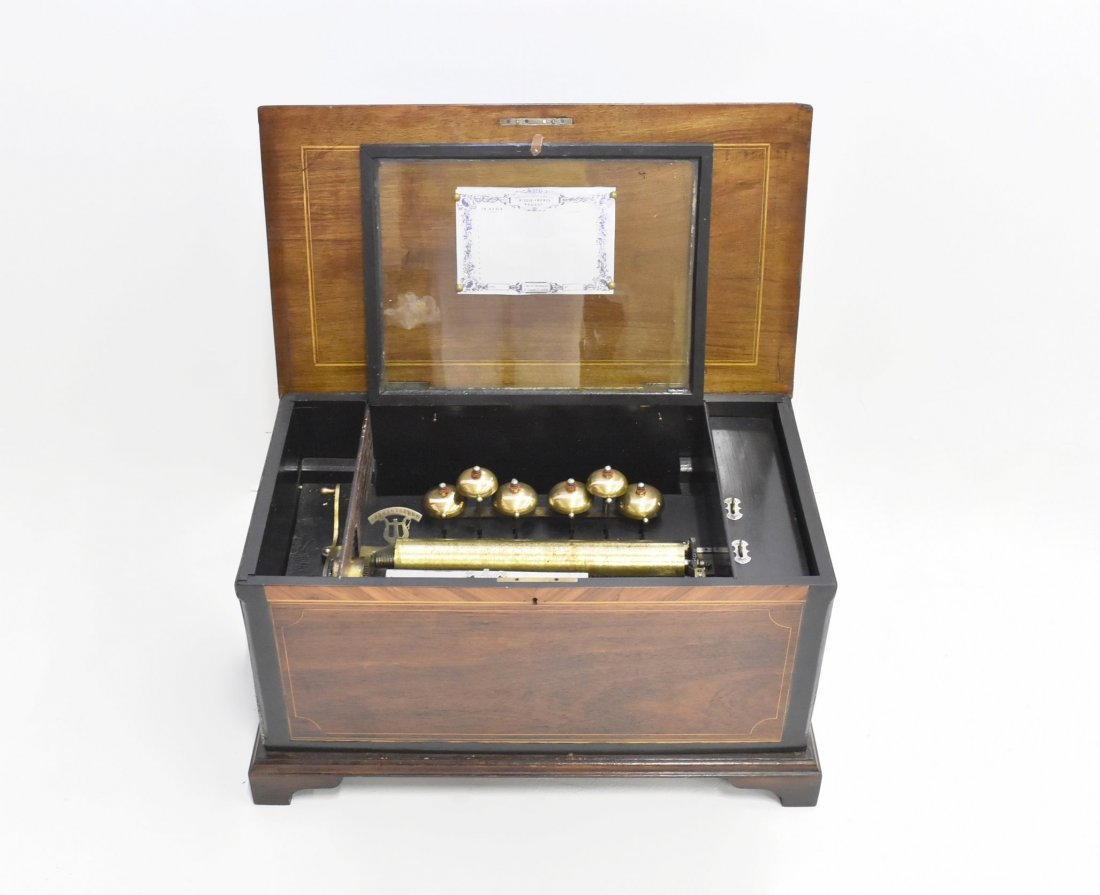 LARGE SWISS INLAID CYLINDRICAL MUSIC BOX WITH BELLS (1 of 8)