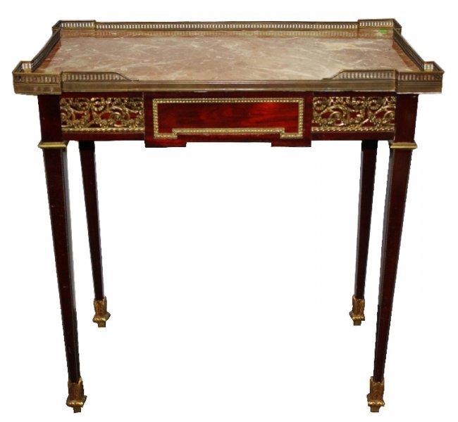 MAHOGANY AND MARBLE DESK: Rectangular marble top with ormolu and. Dimension: 30 1/2"H x 30 3/8"L x 19"D. The Sale Will Benefit IFGF Church of Atlanta