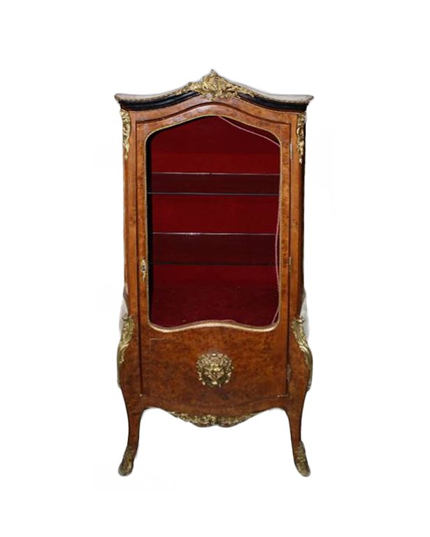FRENCH LOUIS XV BURL WALNUT CURIO WITH ORMOLU: French Louis XV burl walnut curio with ormolu Dimension: 66"H x 29-1/2"W x 15"D The Sale Will Benefit IFGF Church of Atlanta