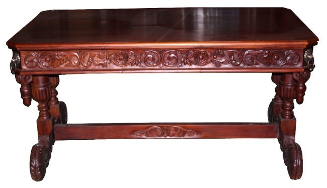 MAHOGANY PARTNERS DESK WITH BRONZE LION HEAD: Mahogany partners desk with bronze lion head, Turned columns. Dimension: 31-3/4"H x 63-1/8"W x 35-3/8"D The Sale Will Benefit IFGF Church of Atlanta