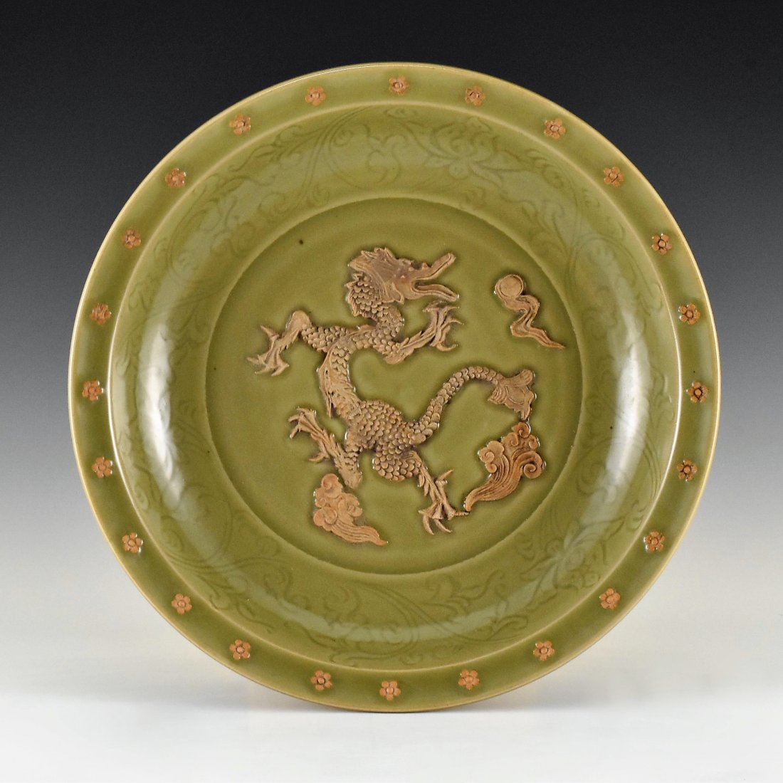 MING SPRIGGING RED DRAGON LONGQUAN CELADON CHARGER (1 of 10)