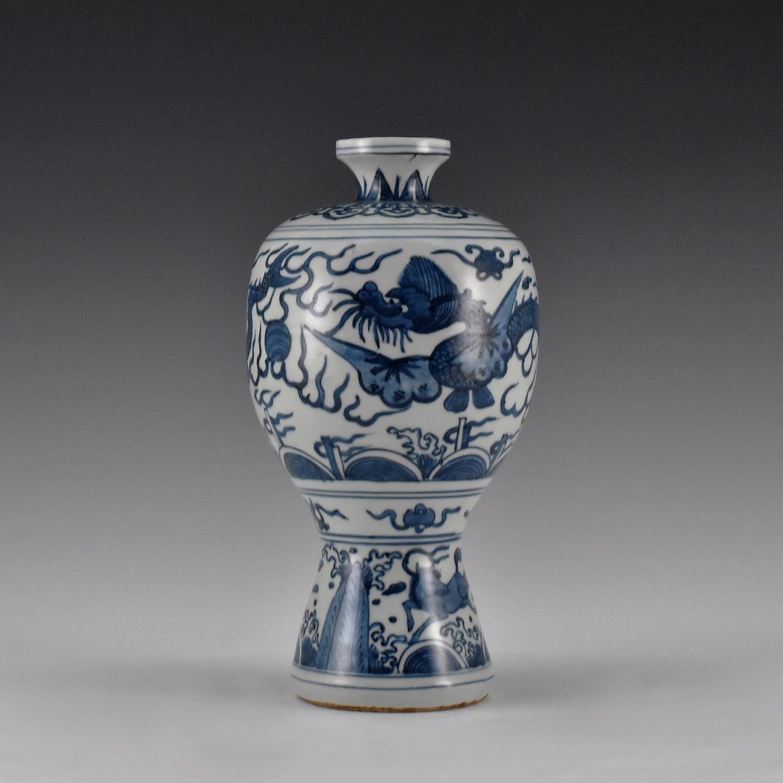 MING HIGH STEM BLUE AND WHITE MEIPING VASE: Very fine Chinese Ming Dynasty high stem MeiPing porcelain vase. Stoutly potted in form of baluster shaped body, swelled on the rounded shoulder, with short neck toward flared and narrow opening, rais