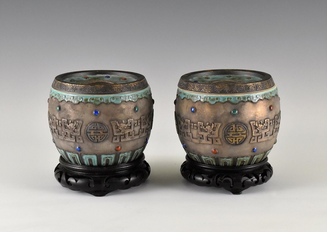 PAIR OF CARVED GILT PORCELAIN LIDDED JARS ON STAND (1 of 10)