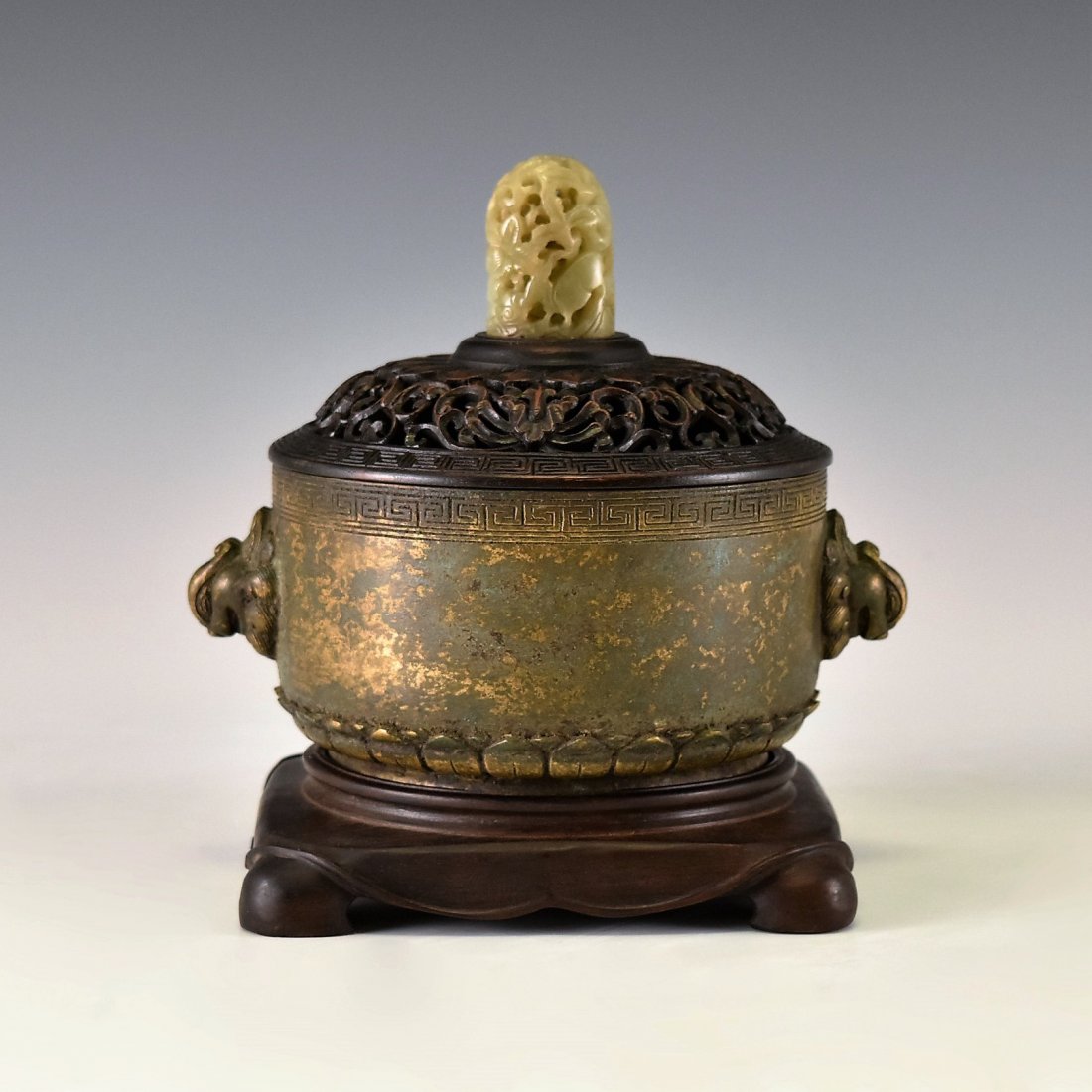 WOODEN COVERED BRONZE CENSER WITH JADE FINIAL ON STAND (1 of 10)
