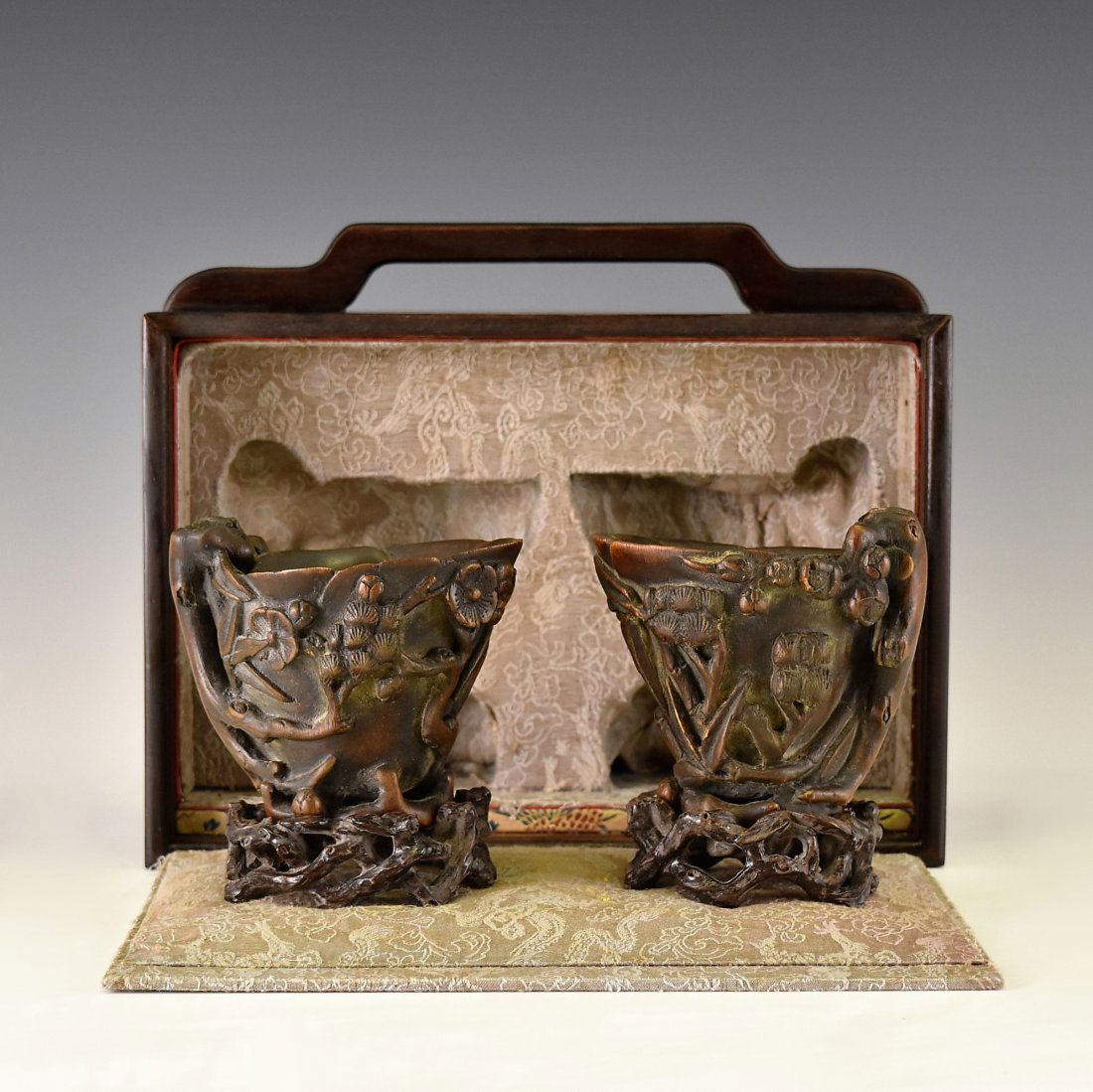 PAIR OF CHENXIANG WOOD LIBATION CUPS IN ORIGINAL BOX (1 of 10)