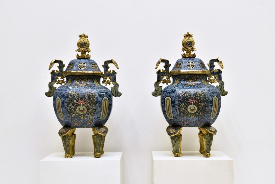 PAIR OF LARGE CLOISONNE COVERED CENSERS (1 of 10)