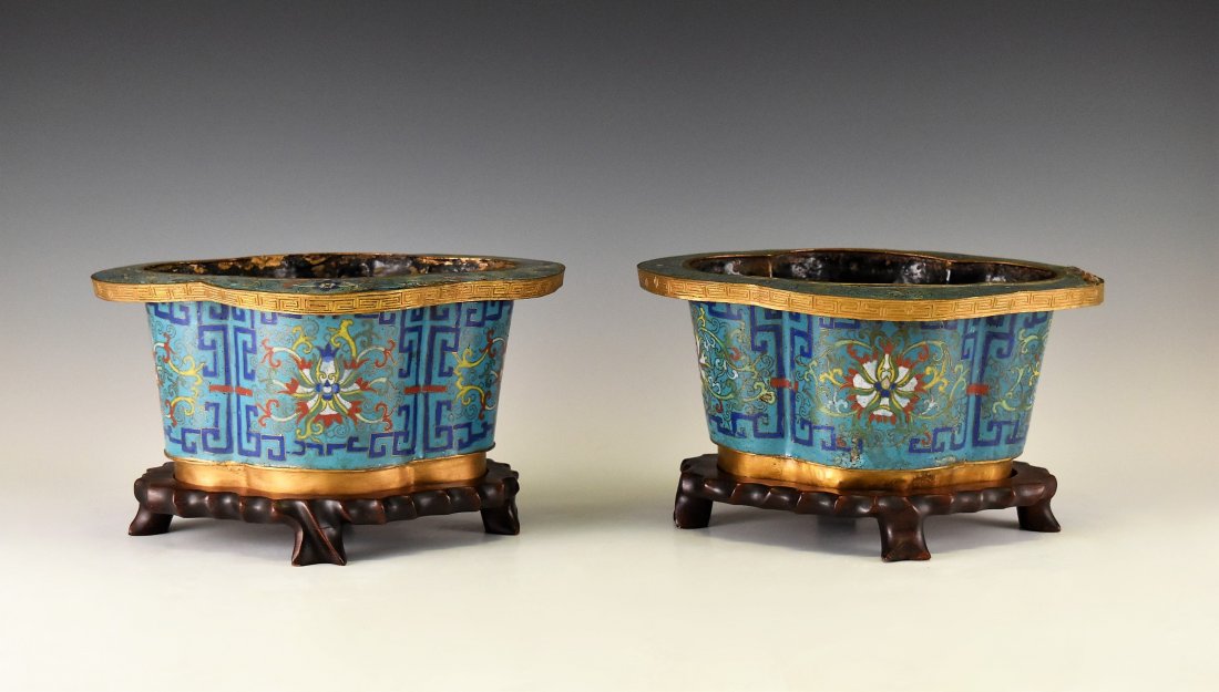 PAIR OF FLORI-FORM REPOUSSE GILT & CLOISONNE PLANT POTS (1 of 10)