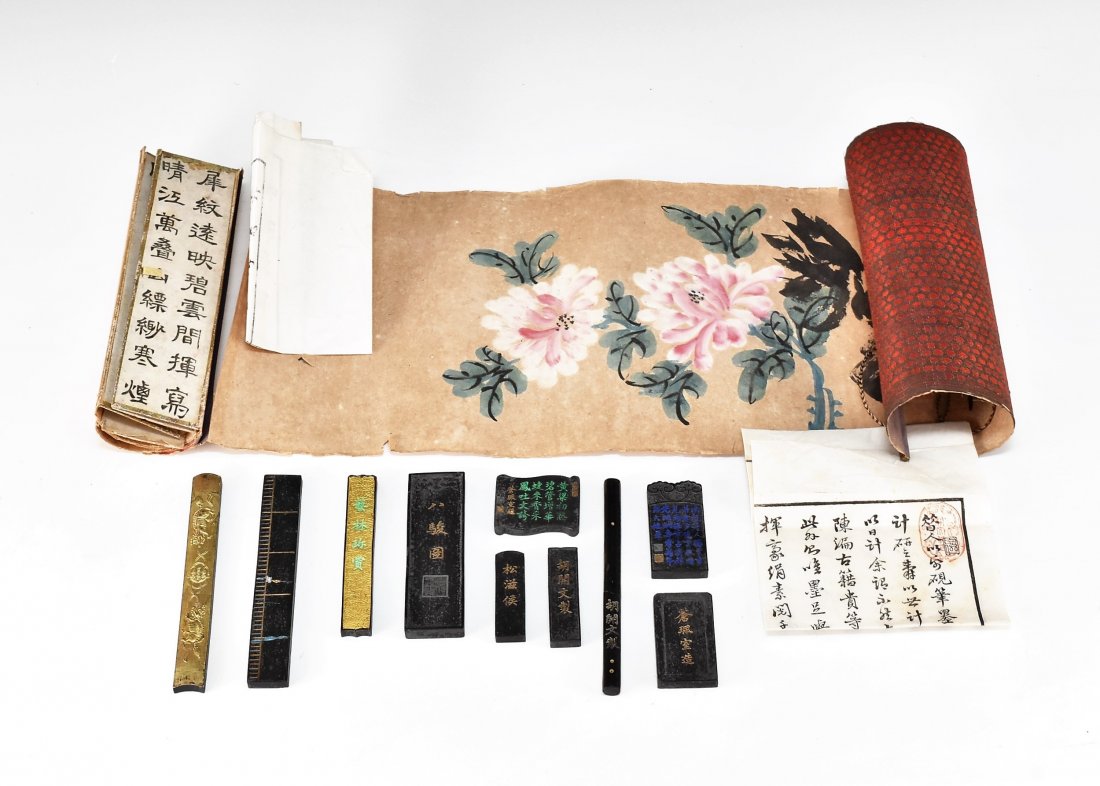 19TH C. SCROLL PAINTING AND WRITING INSTRUMENTS (1 of 10)
