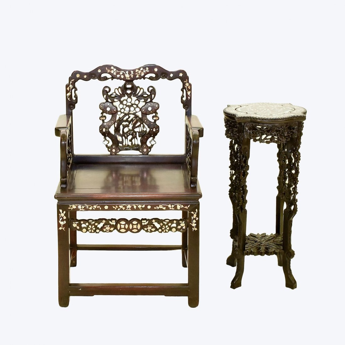 PAIR OF MOP INLAID ROSEWOOD CHINESE ARMCHAIR AND STAND (1 of 10)