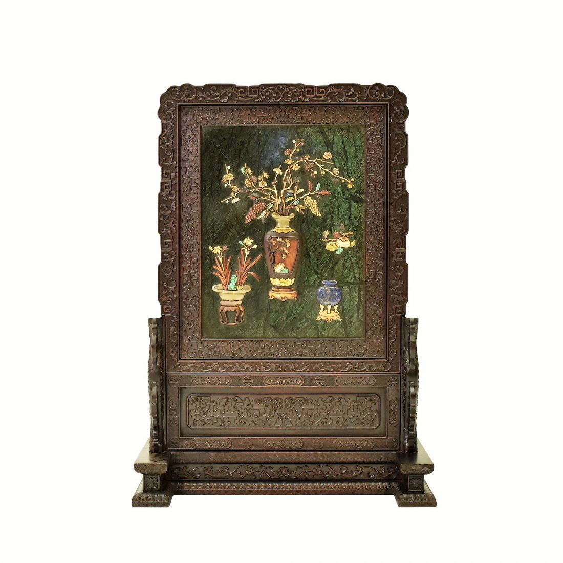 LARGE SPINACH-GREEN JADE  INLAID TABLE SCREEN (1 of 10)