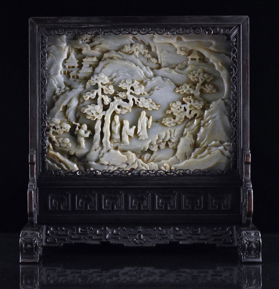 FRAMED GRAYISH CELADON JADE  TABLE SCREEN (1 of 10)