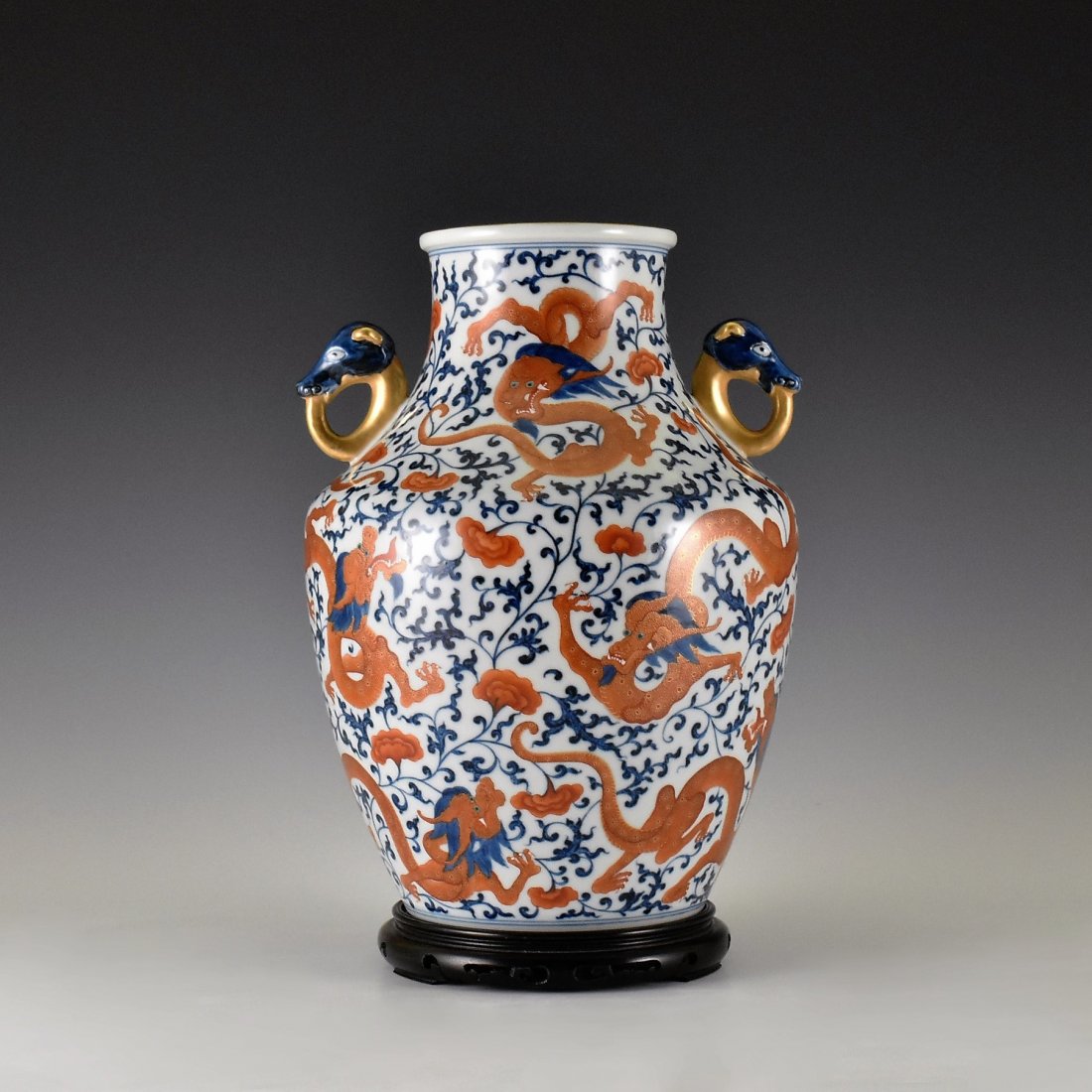 BLUE AND RED PORCELAIN ZUN VASE WITH GILT HANDLES (1 of 10)