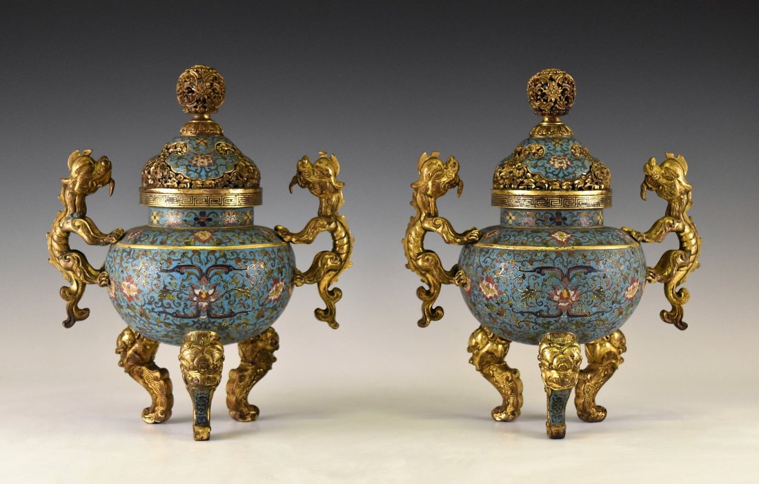 PAIR OF GILT BRONZE & CLOISONNE COVERED TRIPOD CENSER (1 of 10)