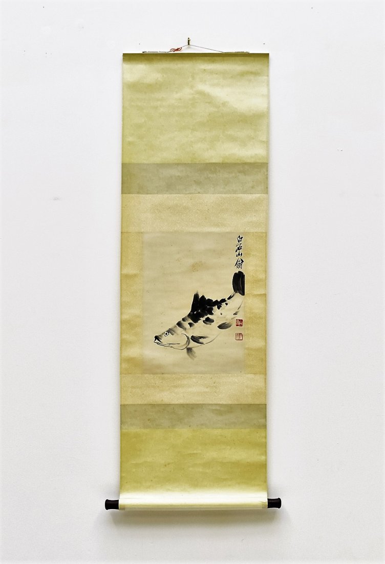 CHINESE GRAISALLE SCROLL PAINTING OF LOTUS IN BLOSSOM (1 of 9)