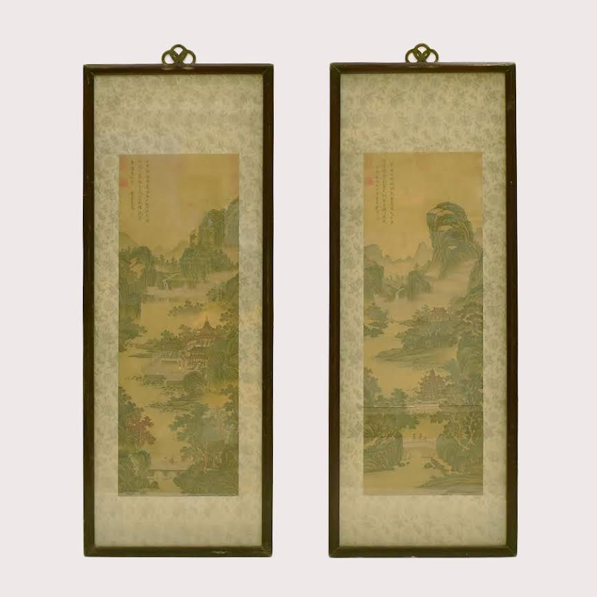 SET OF 2 FRAMED CHINESE PAINTINGS OF PAVILIONS (1 of 7)