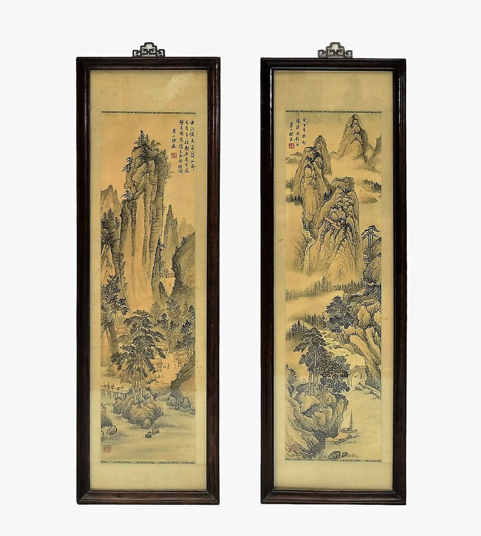 SET OF 2 FRAMED CHINESE PAINTINGS OF VILLAGE (1 of 10)