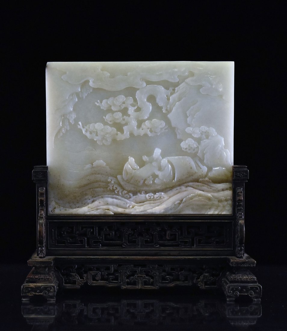 JADE TABLE SCREEN OF THREE SCHOLAR ON BOAT (1 of 10)