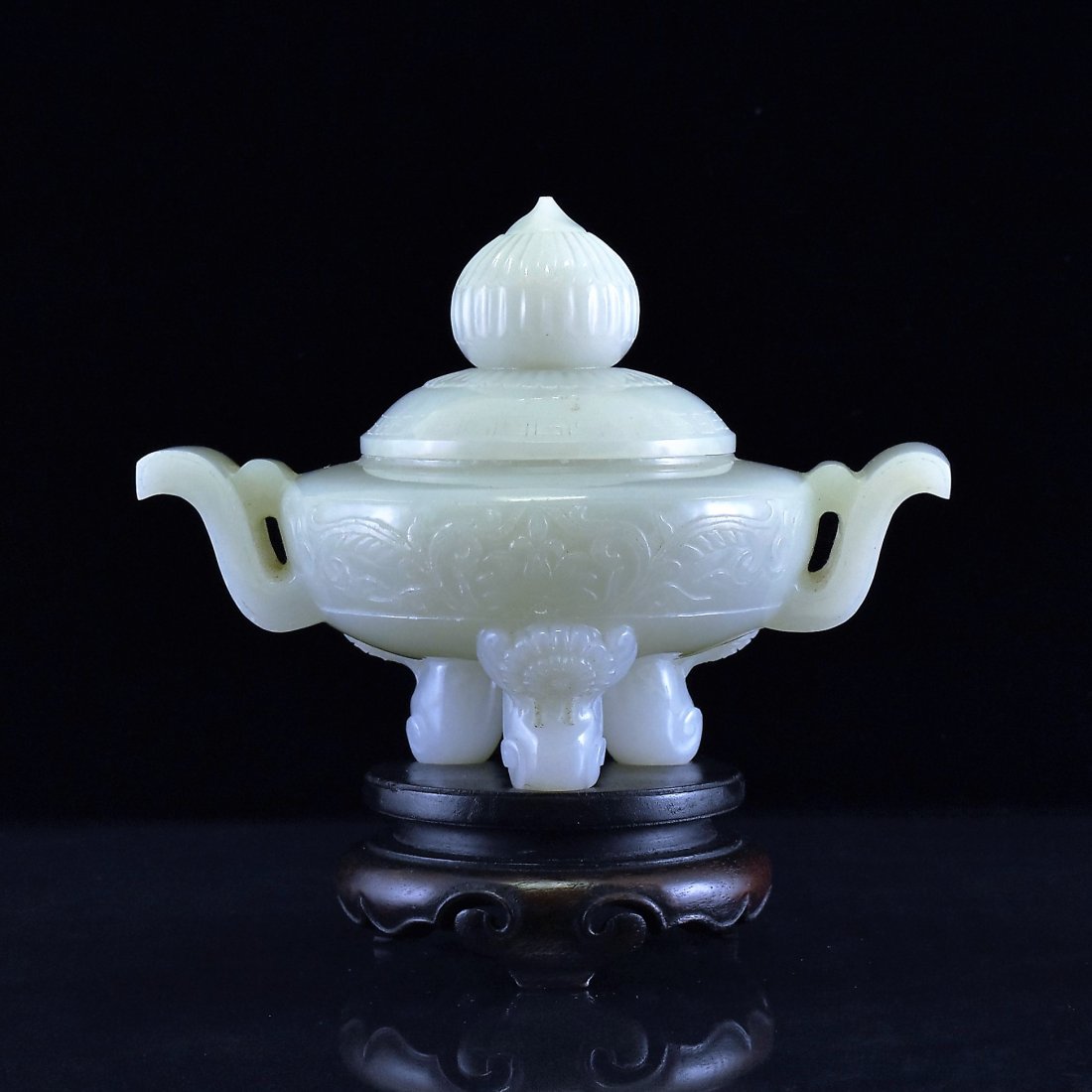 CARVED WHITE JADE COVERED TRIPOD CENSER ON STAND (1 of 10)
