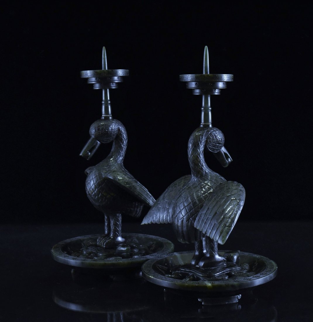 PAIR OF GREEN JADE DUCK CANDLE HOLDERS (1 of 10)