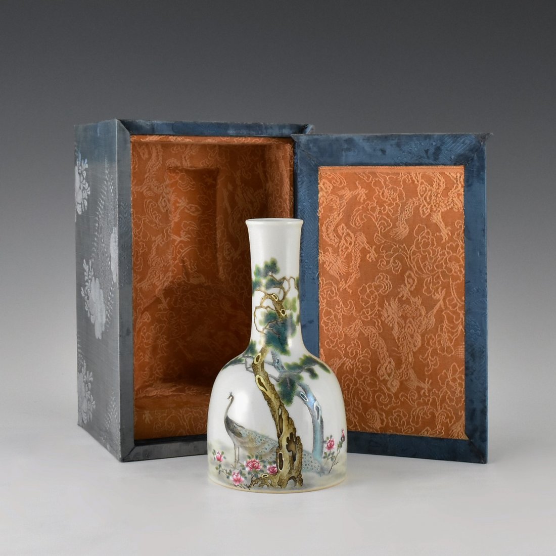 PEACOCK ENAMELED MALLET-SHAPE VASE IN ORG. BOX (1 of 10)