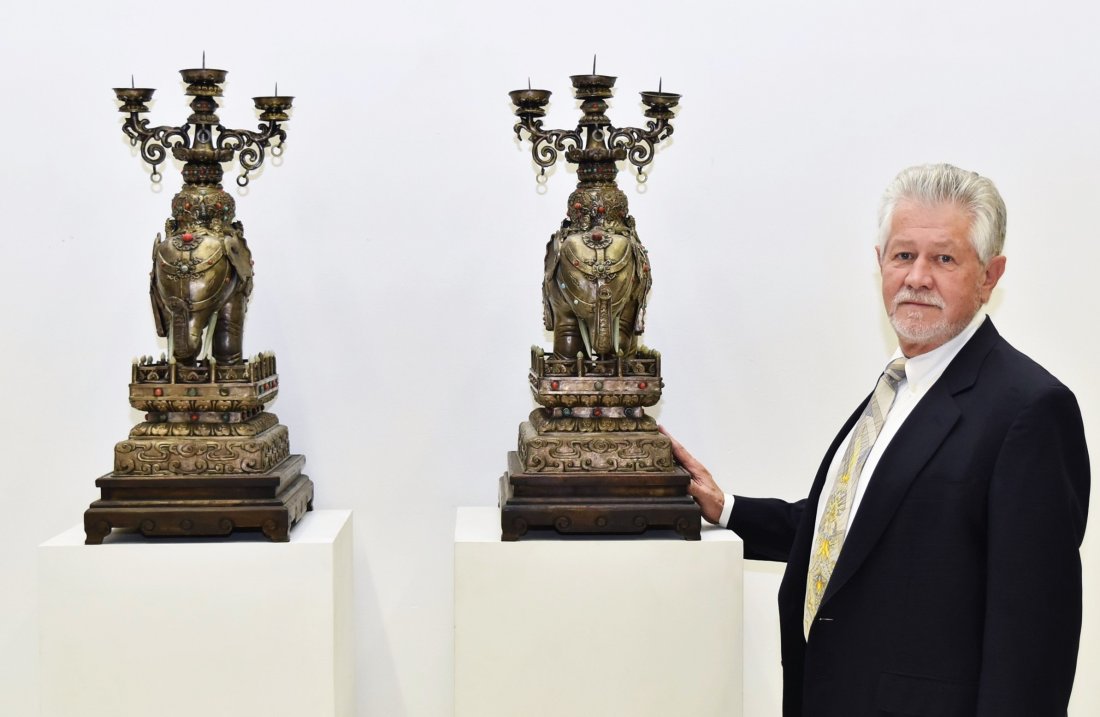 PAIR OF LARGE  BRASS ELEPHANT INLAID CANDELABRA (1 of 10)