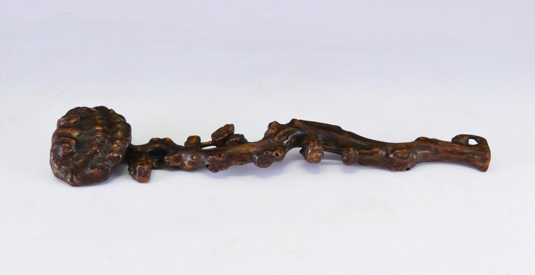CARVED CHENXIANG WOOD RUYI SCEPTER: The wish-granted wand, commonly called ruyi scepter, carved from a single piece valued ChenXiang wood (agarwood), with slightly meandering organic prunus stalk emerging further LingZhi fungus blooms. 