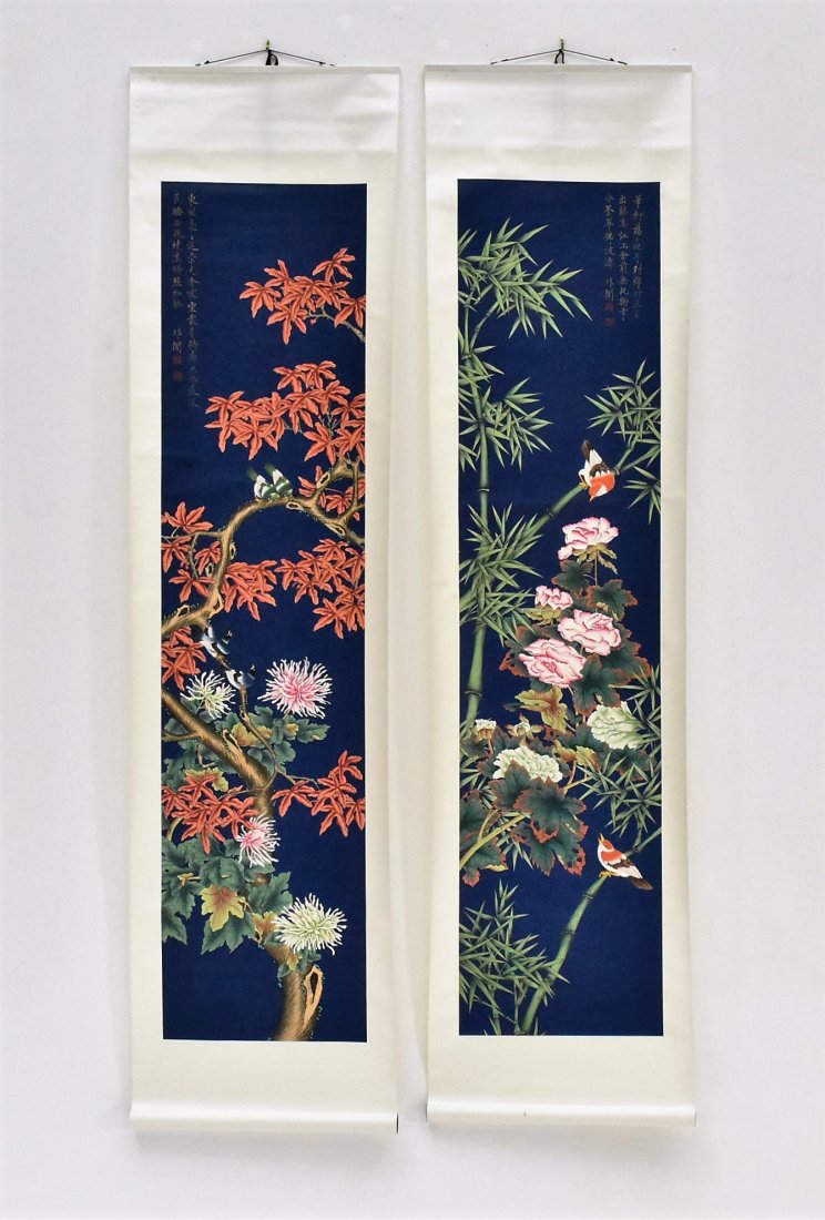 PAIR OF CHINESE SCROLL PAINTINGS OF FLOWERS ON ROYAL (1 of 10)
