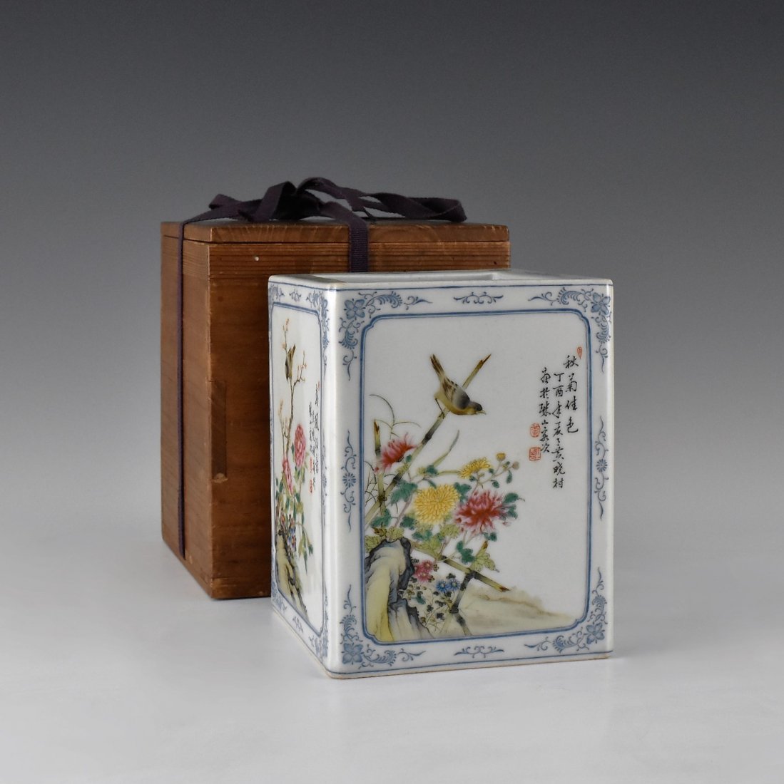20TH C FAMILLE ROSE SQUARE BRUSH POT W/ BOX (1 of 10)