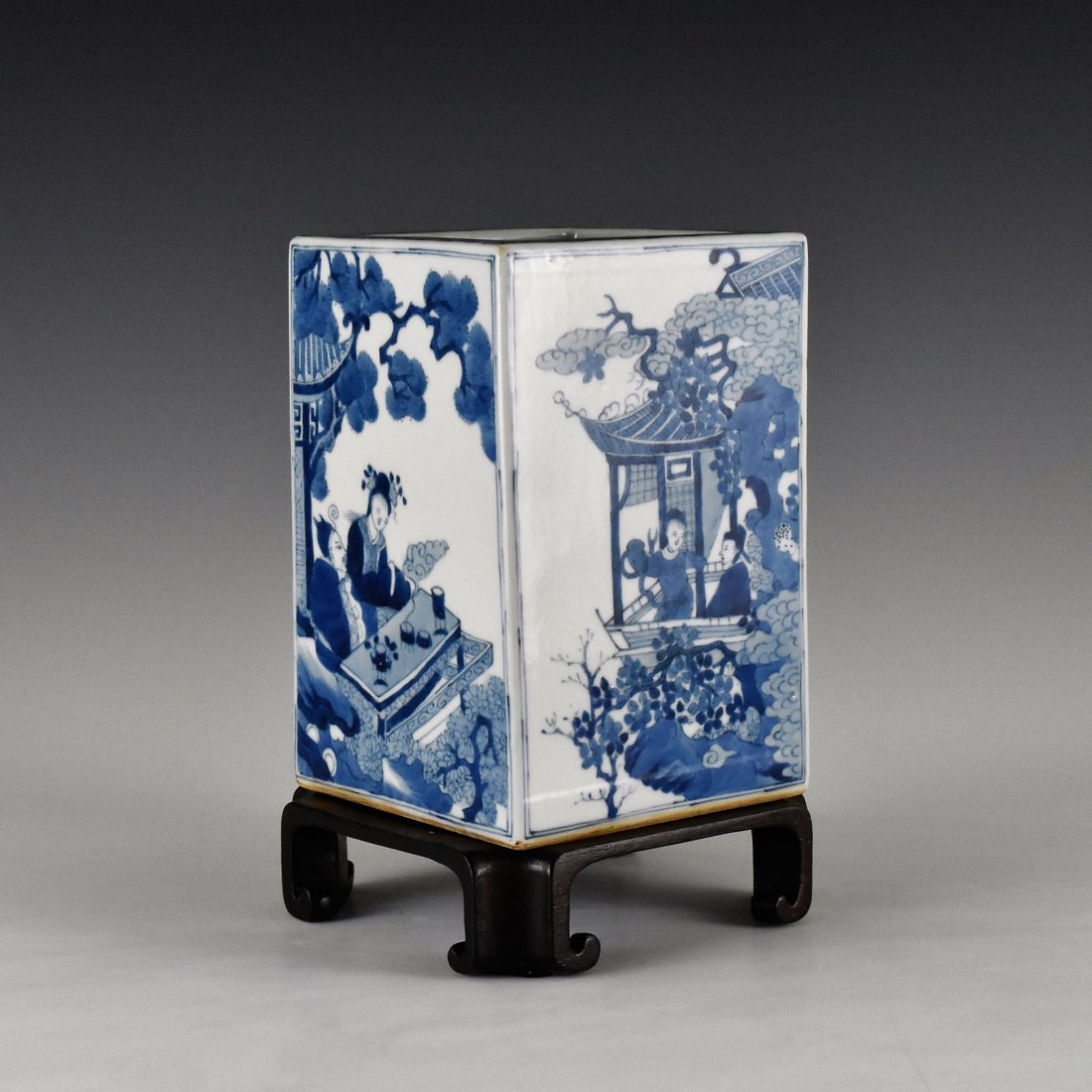 KANGXI BLUE AND WHITE SQUARE BRUSH POT ON STAND (1 of 10)