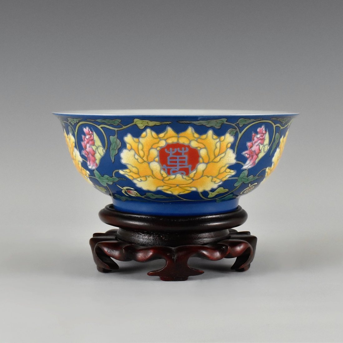 LONGEVITY FLOWER ON BLUE GROUND BOWL ON STAND (1 of 10)