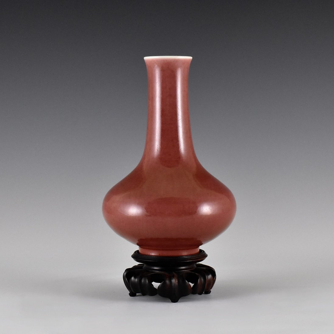 CHINESE RED GLAZED BOTTLE VASE ON STAND (1 of 10)