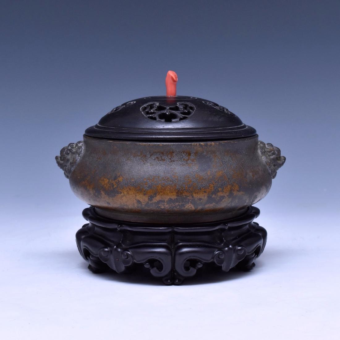 BRONZE COVERED CENSER WITH RED CORAL FINIAL ON STAND (1 of 10)