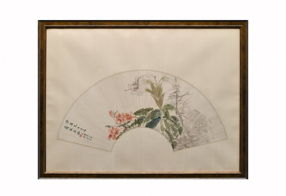 SOONG MEILING, FRAMED FLOWER BLOOM FAN PAINTING, CA (1 of 8)