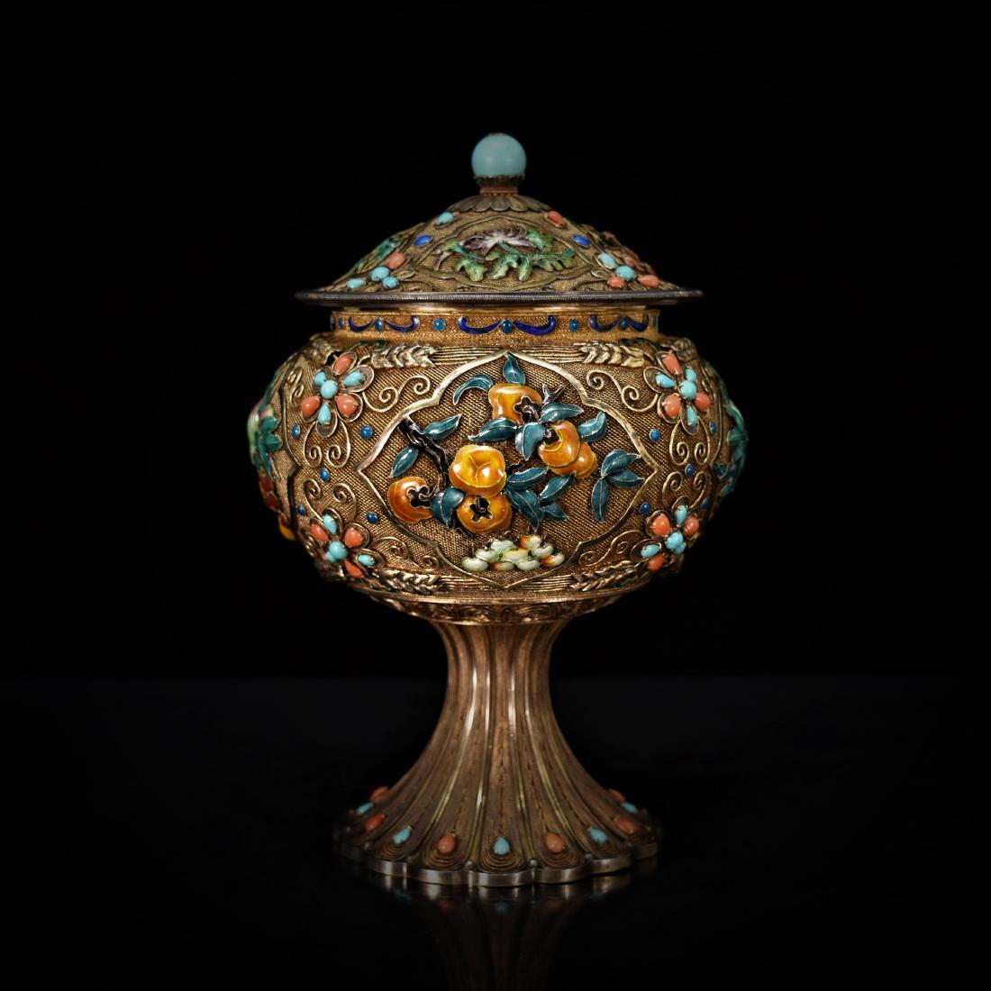 GILT SILVER FILIGREE INLAID COVERED HIGH STEM BOWL (1 of 12)