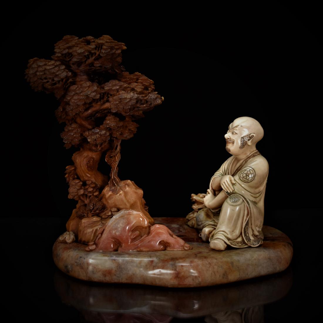 19TH C CARVED SHOUSHAN STONE DAMO BENEATH A TREE (1 of 20)