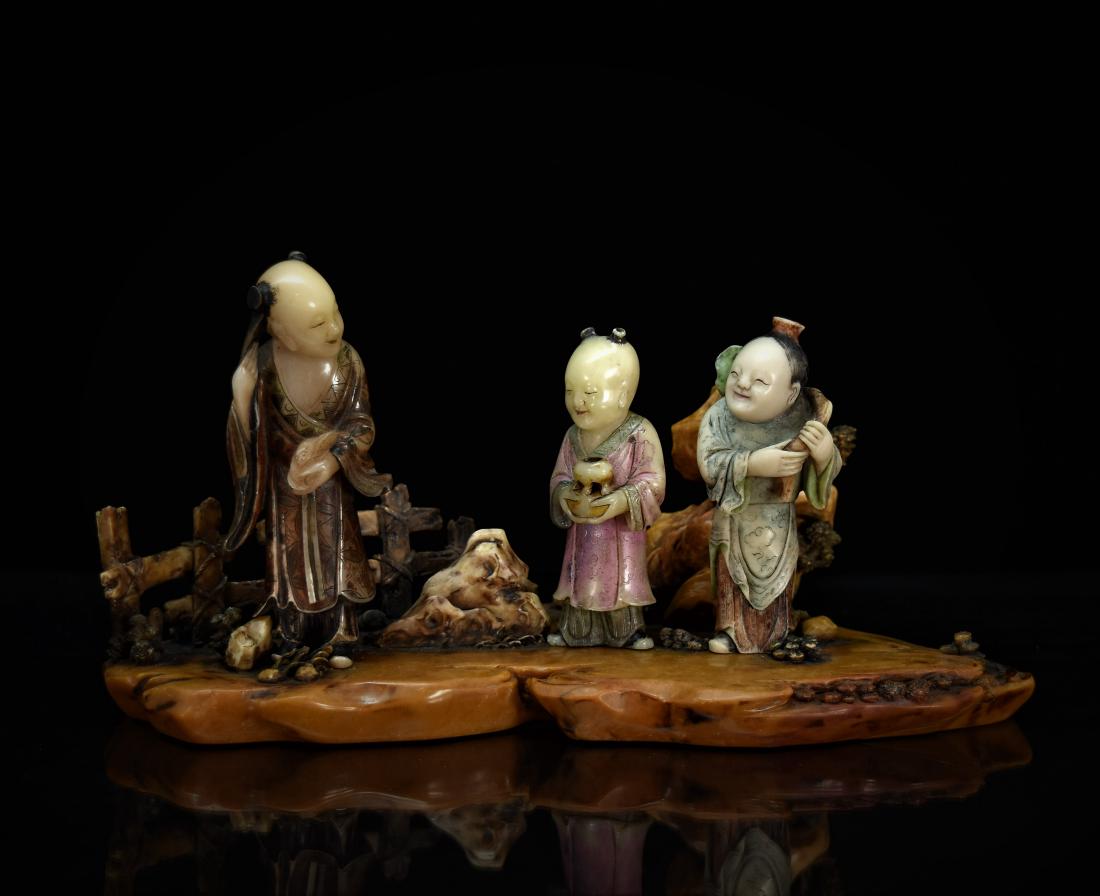 CARVED SHOUSHAN STONE OF THREE FIGURINES IN LANDSCAPE (1 of 10)