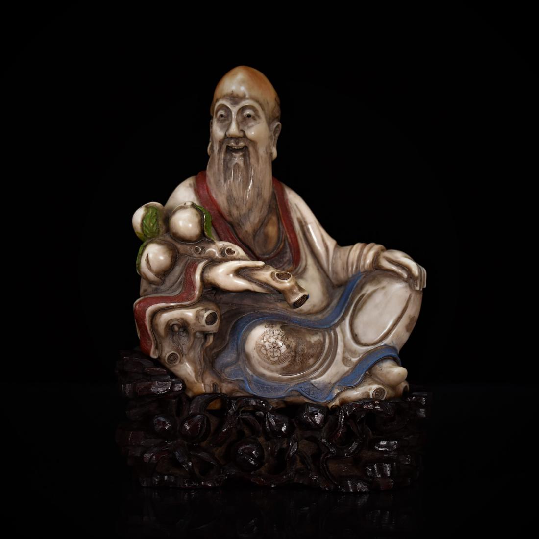 19TH C CARVED SHOUSHAN STONE OF SEATED SHUOLAO (1 of 10)